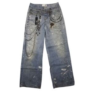 Fashion Nova Women Blue Graphic Chain Teddy Bear Paint Splatter Jeans Sz 11 NEW